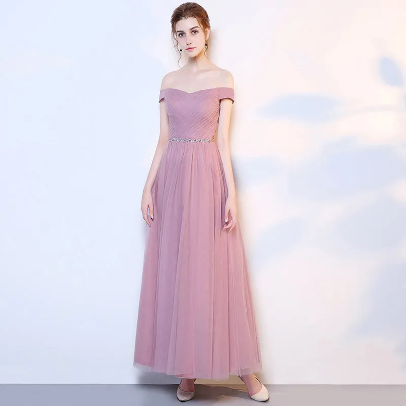 [Final Sale] Grey Off the Shoulder Diamond Chain Tulle Long Bridesmaid Dresses