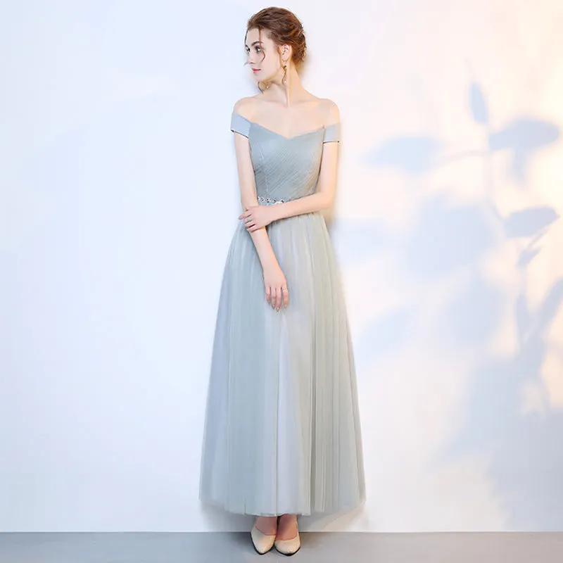 [Final Sale] Grey Off the Shoulder Diamond Chain Tulle Long Bridesmaid Dresses