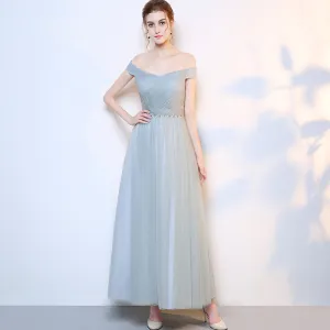 [Final Sale] Grey Off the Shoulder Diamond Chain Tulle Long Bridesmaid Dresses