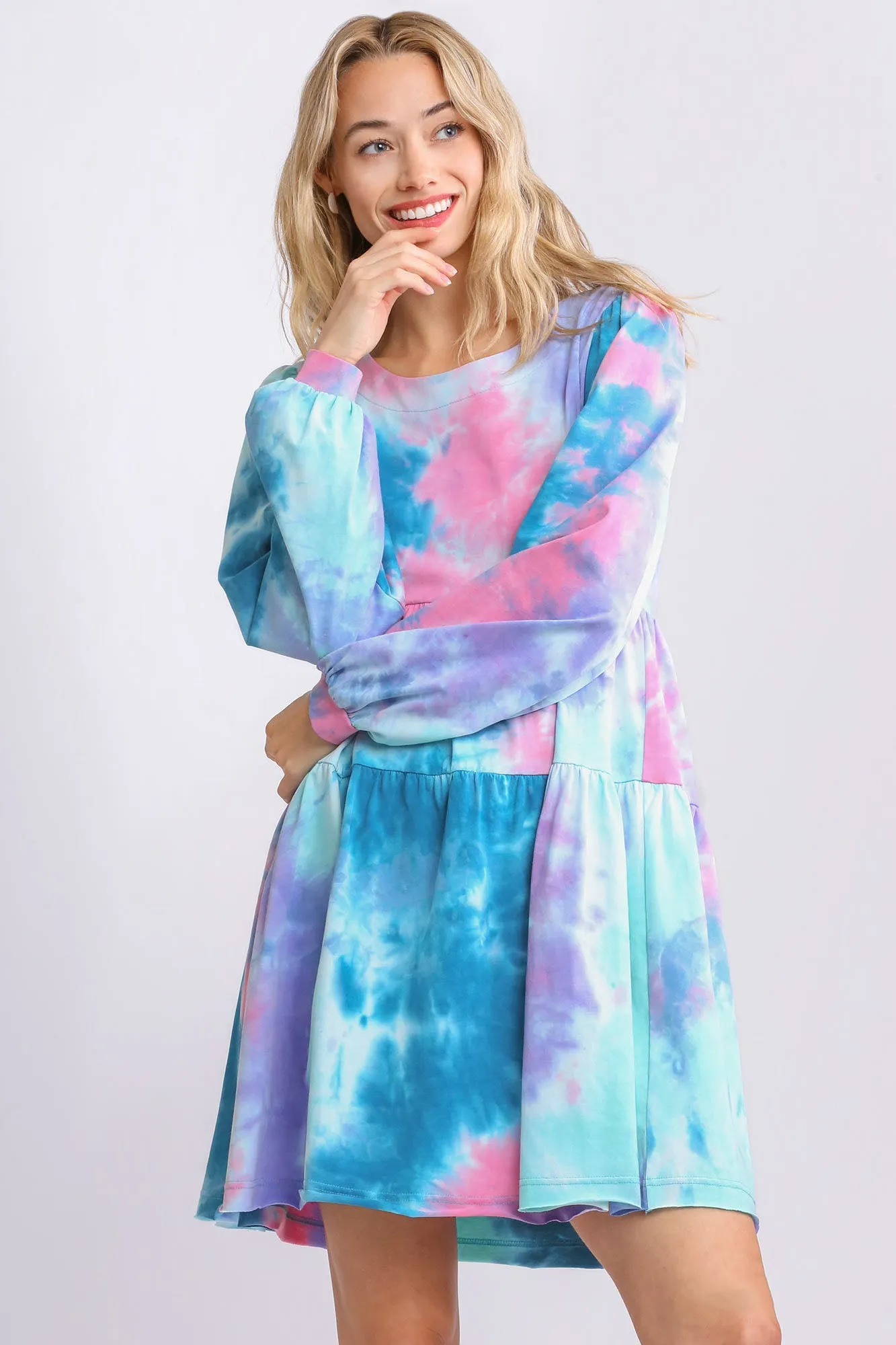 Full Size Tie Dye Round Neck Long Sleeve Babydoll Tiered Dress Plus Size Available