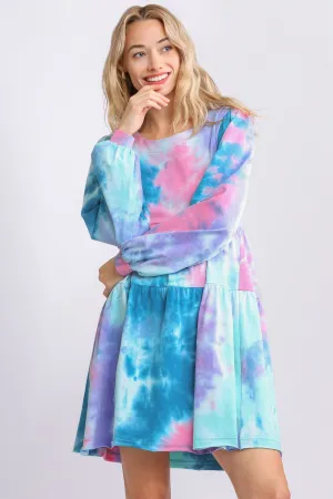 Full Size Tie Dye Round Neck Long Sleeve Babydoll Tiered Dress Plus Size Available