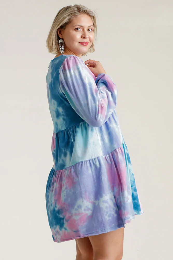 Full Size Tie Dye Round Neck Long Sleeve Babydoll Tiered Dress Plus Size Available