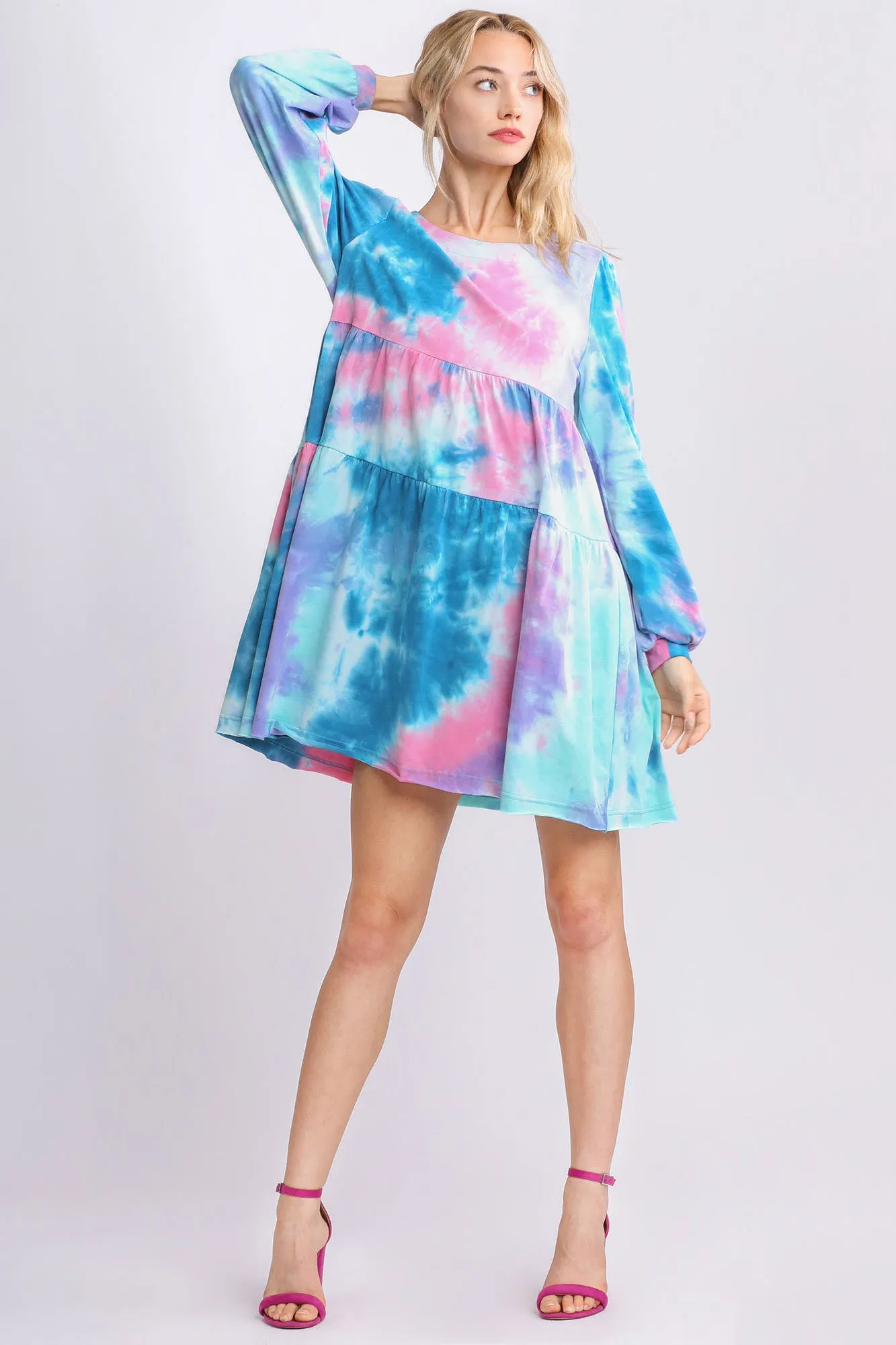 Full Size Tie Dye Round Neck Long Sleeve Babydoll Tiered Dress Plus Size Available