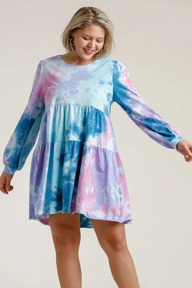 Full Size Tie Dye Round Neck Long Sleeve Babydoll Tiered Dress Plus Size Available