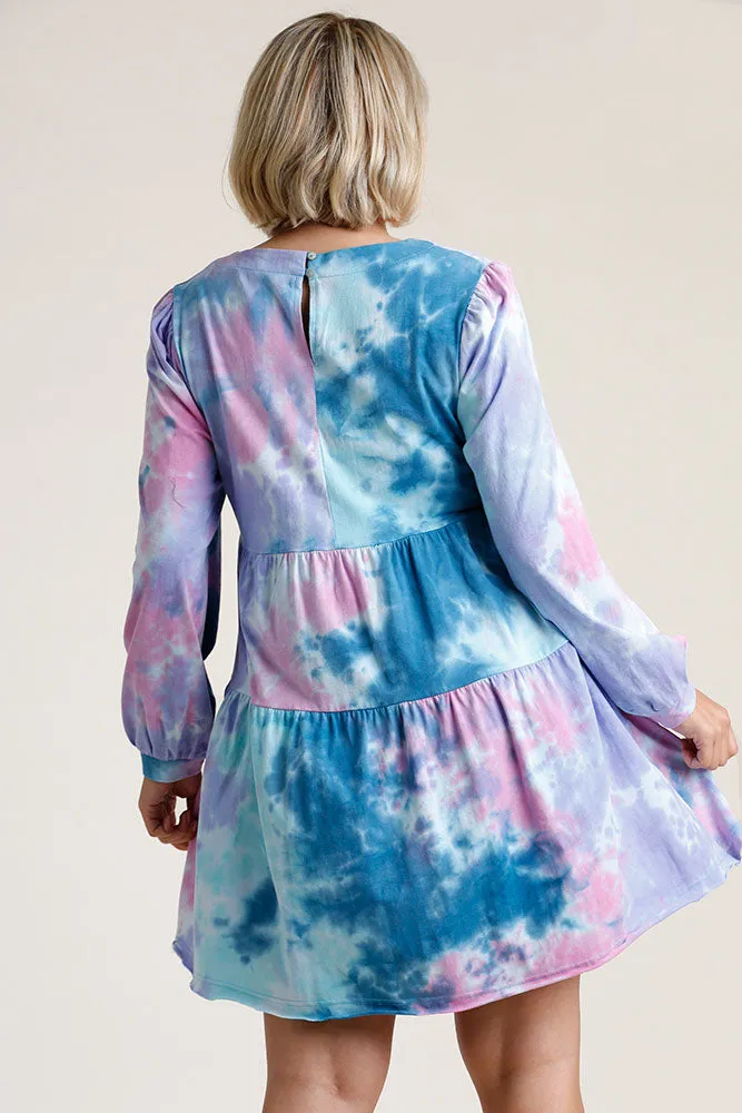 Full Size Tie Dye Round Neck Long Sleeve Babydoll Tiered Dress Plus Size Available