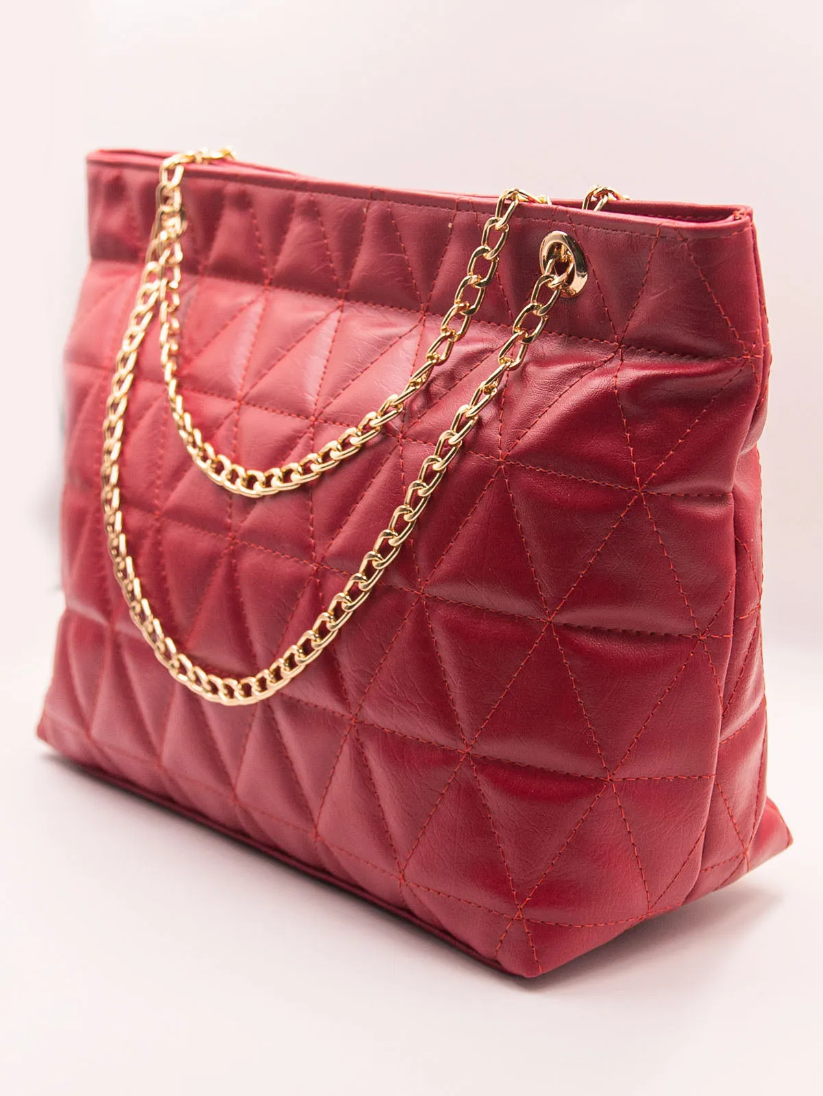 Geometric Pattern Quilted Chain Tote Bag - Red - FD ⚡