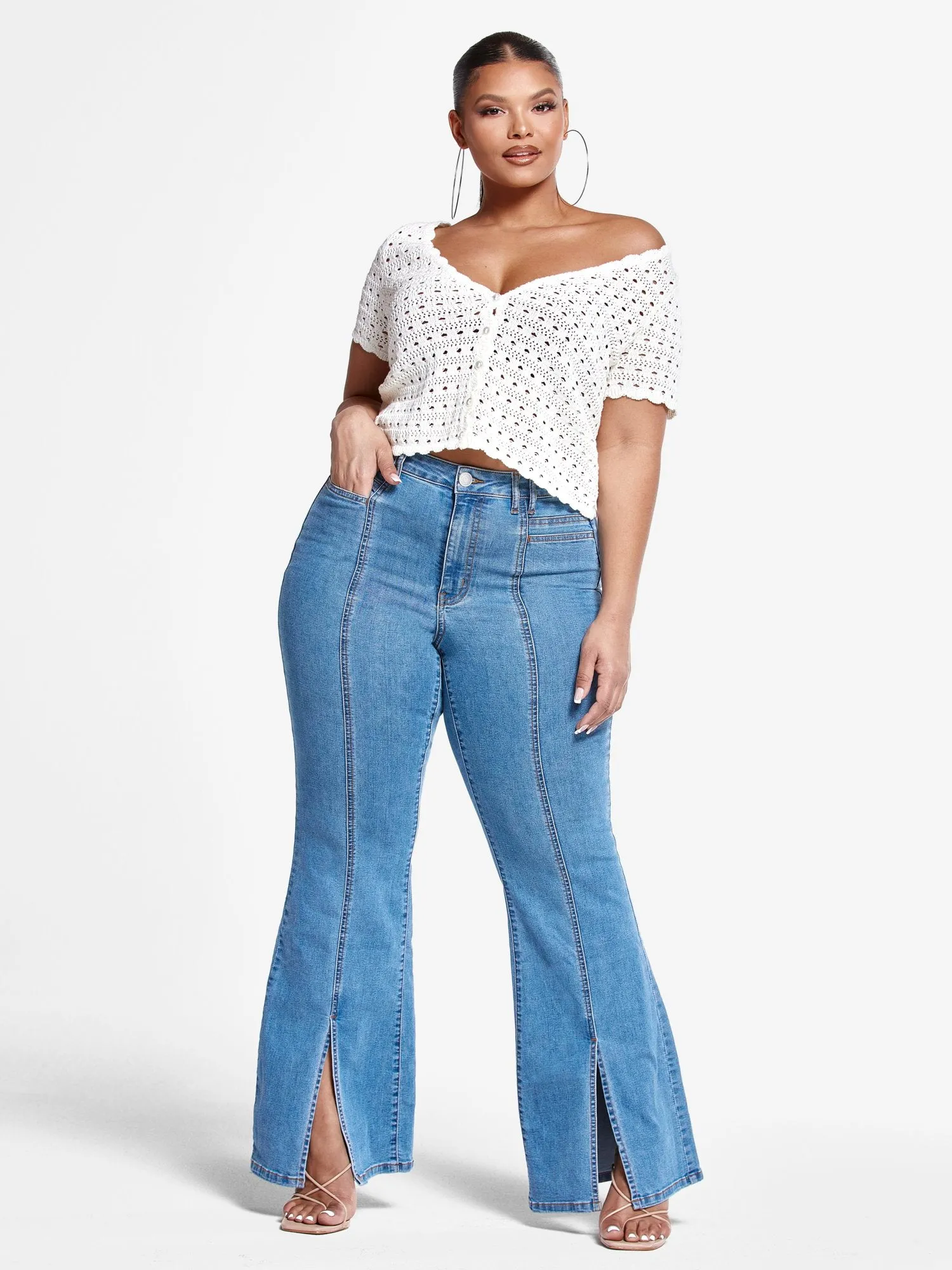 High Rise Flare Jeans with Front Slit - Short Inseam