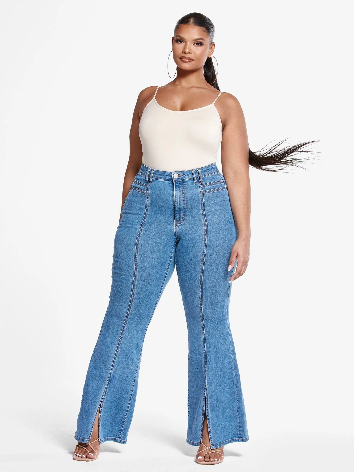 High Rise Flare Jeans with Front Slit - Short Inseam