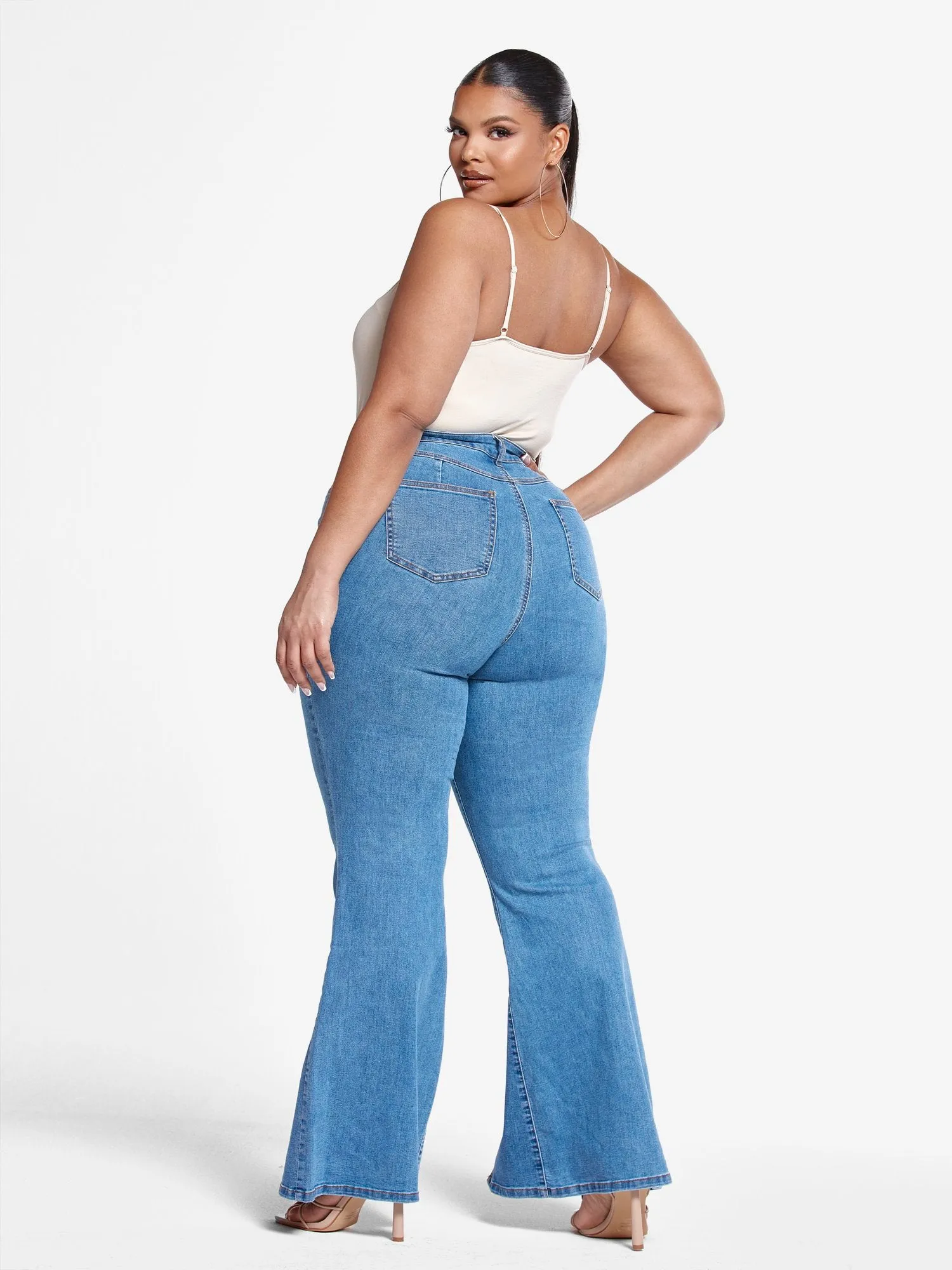High Rise Flare Jeans with Front Slit - Short Inseam