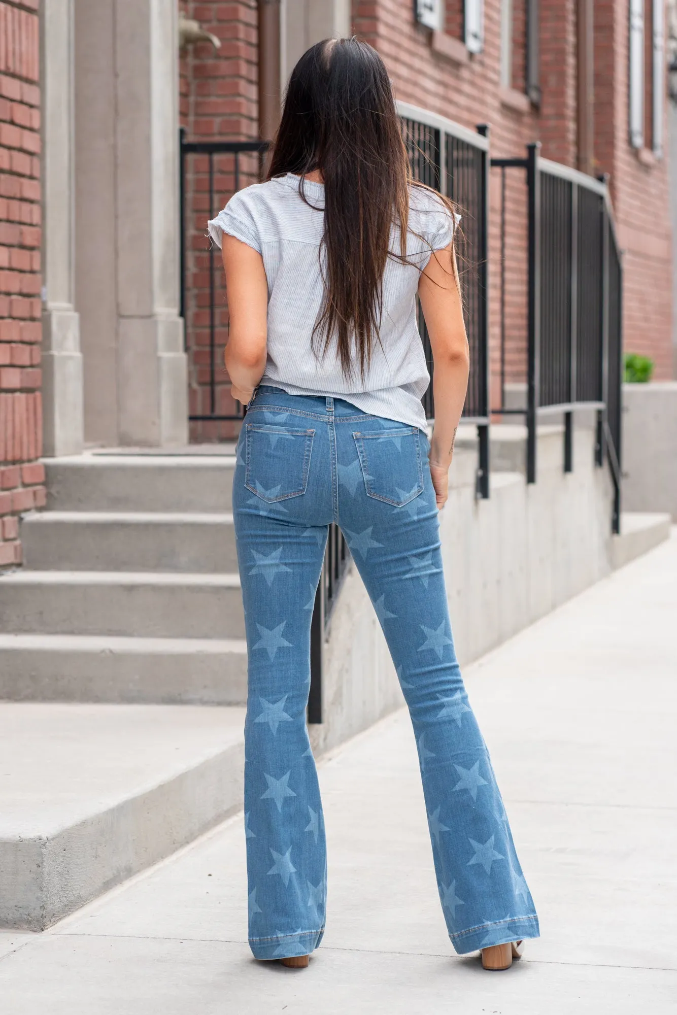 High Rise Star Print Trouser Hem Flare