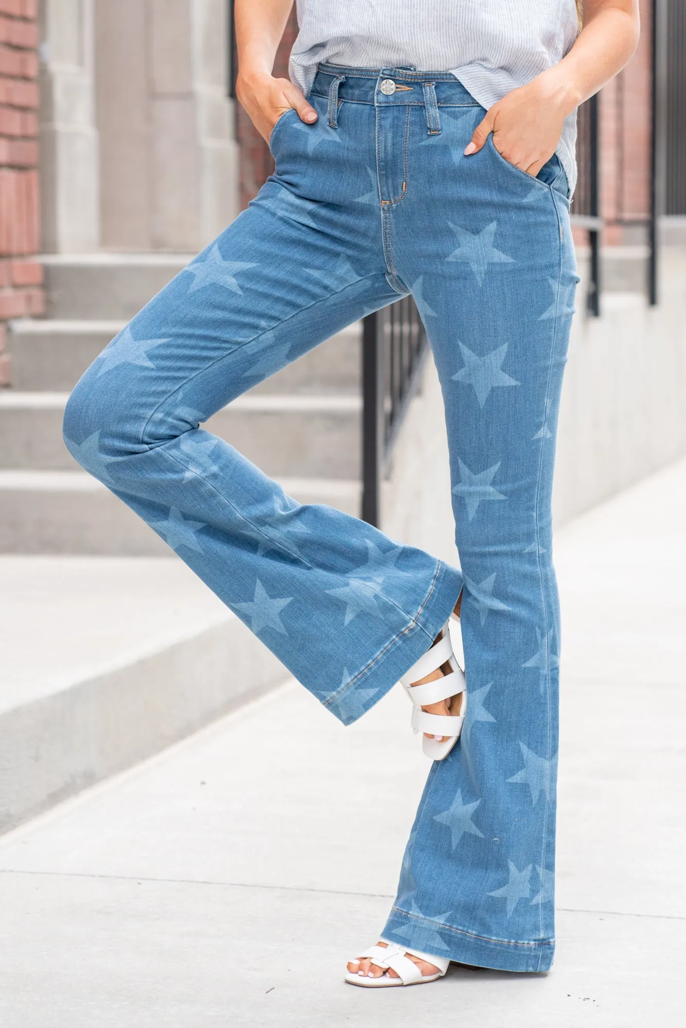 High Rise Star Print Trouser Hem Flare