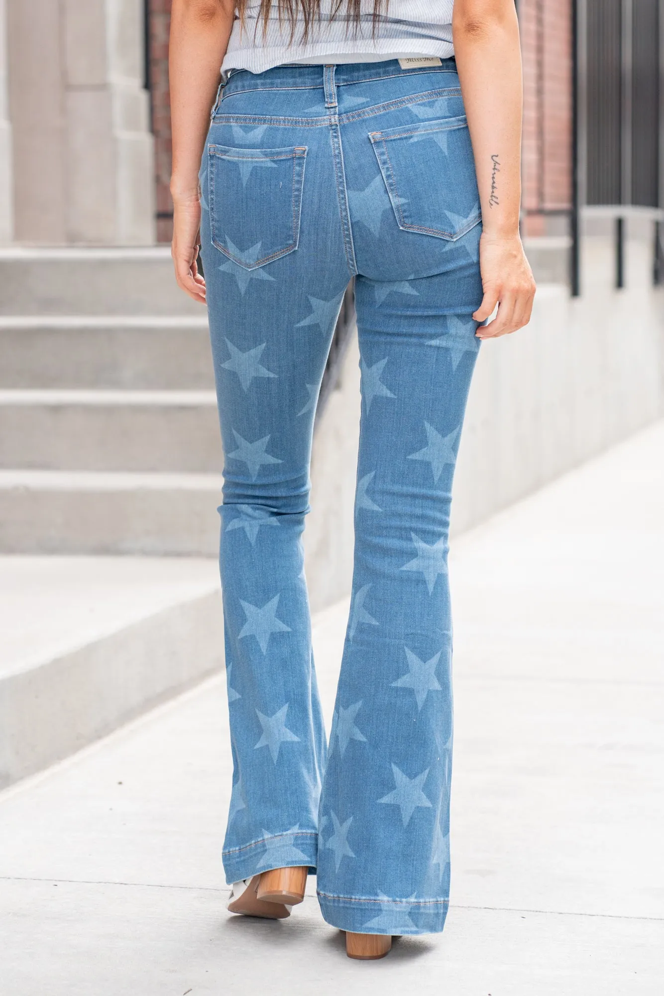 High Rise Star Print Trouser Hem Flare