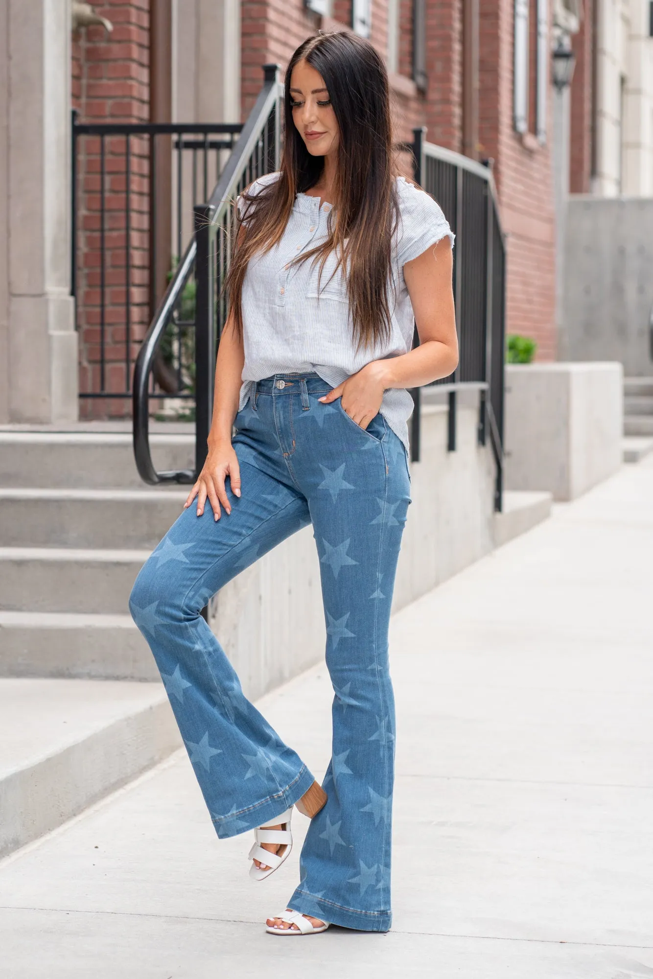High Rise Star Print Trouser Hem Flare