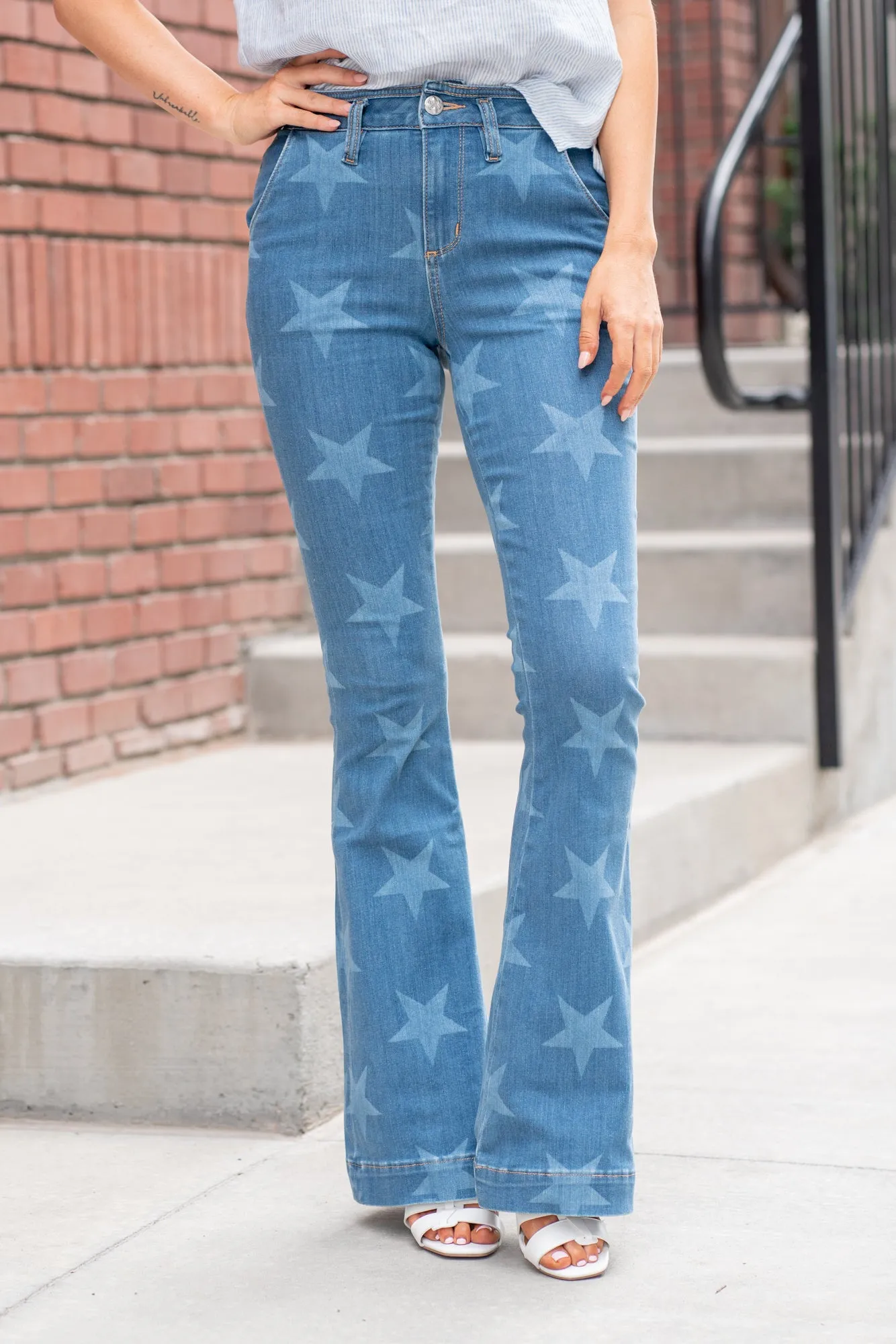 High Rise Star Print Trouser Hem Flare