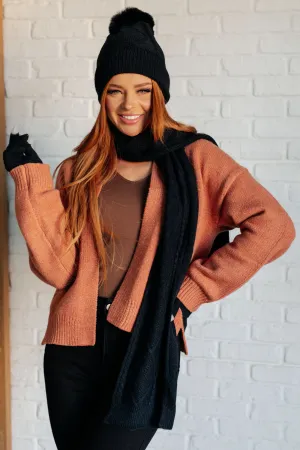 Jane Frost Winter Accessory Set - Black Beanie, Scarf, and Touch Screen Gloves