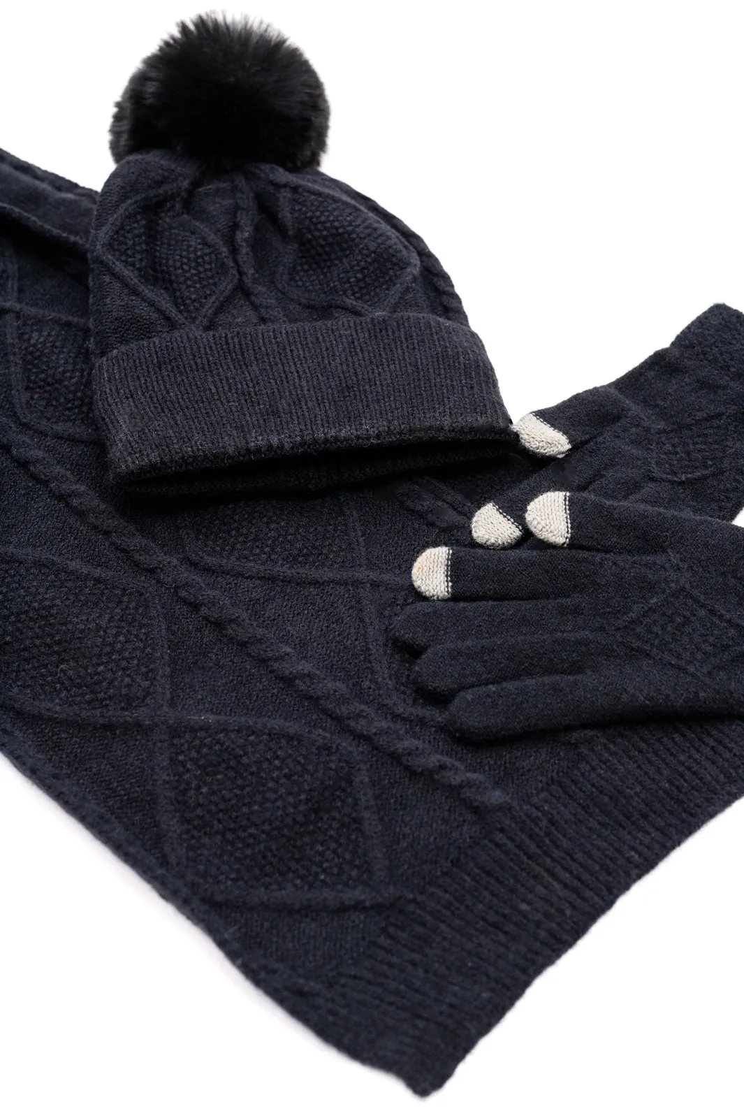 Jane Frost Winter Accessory Set - Black Beanie, Scarf, and Touch Screen Gloves