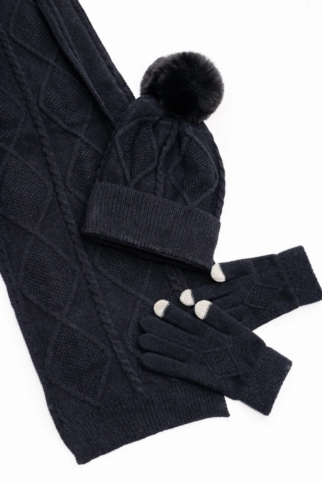 Jane Frost Winter Accessory Set - Black Beanie, Scarf, and Touch Screen Gloves