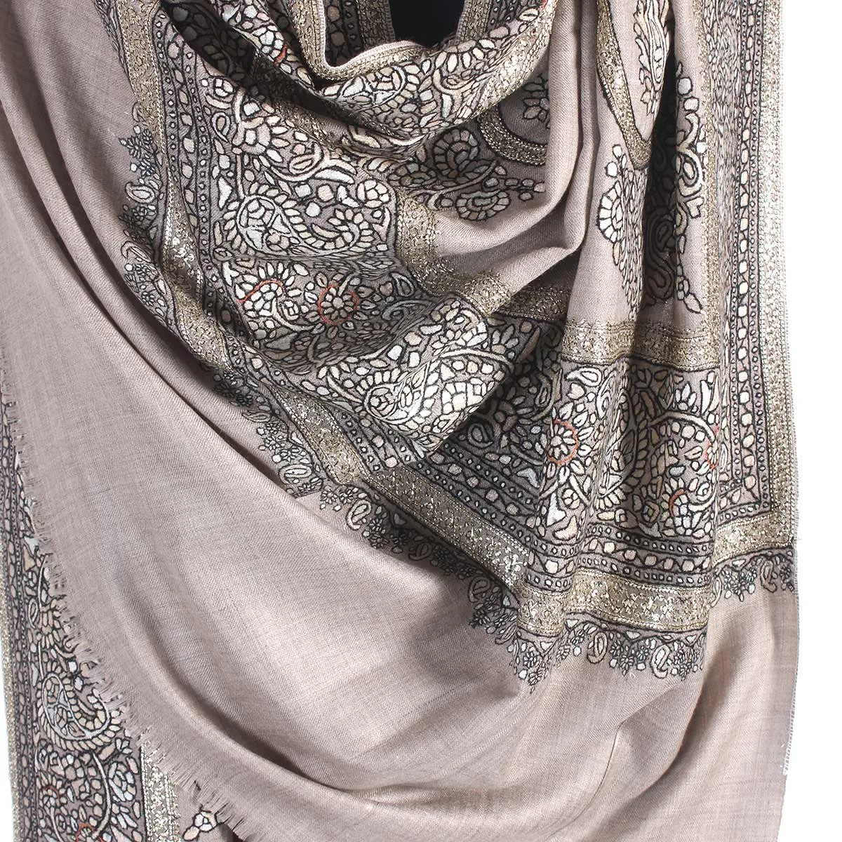 Khudrang Zari and sozni Embroidered Cashmere Pashmina Shawl