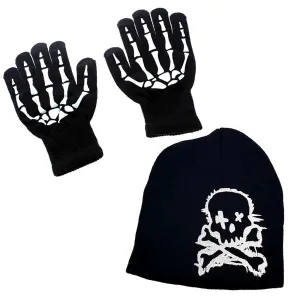 Kids' Winter Skull & Crossbones Knit Beanie and Gloves Set