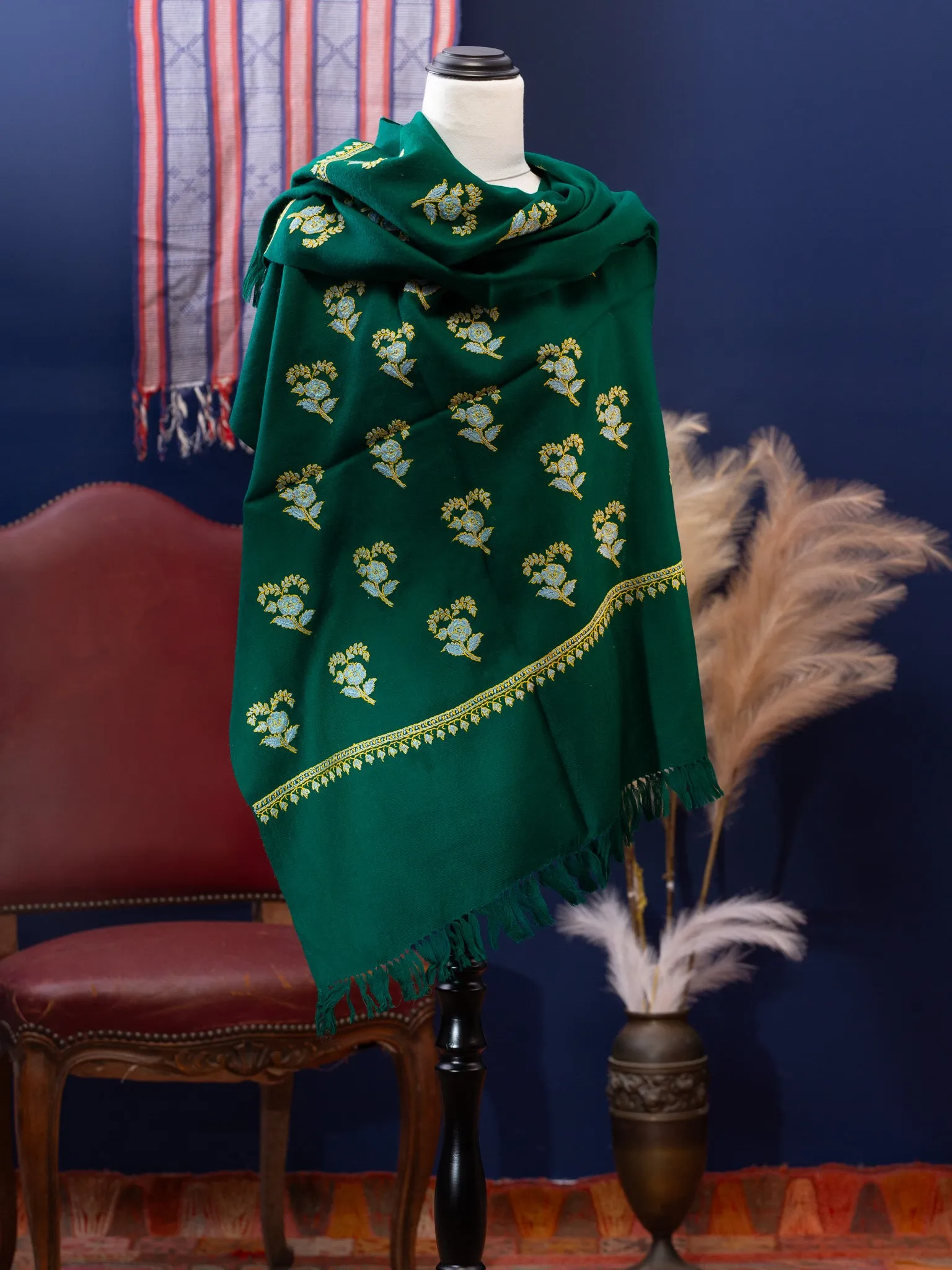 Large Hand Embroidered Vintage Wool Shawl