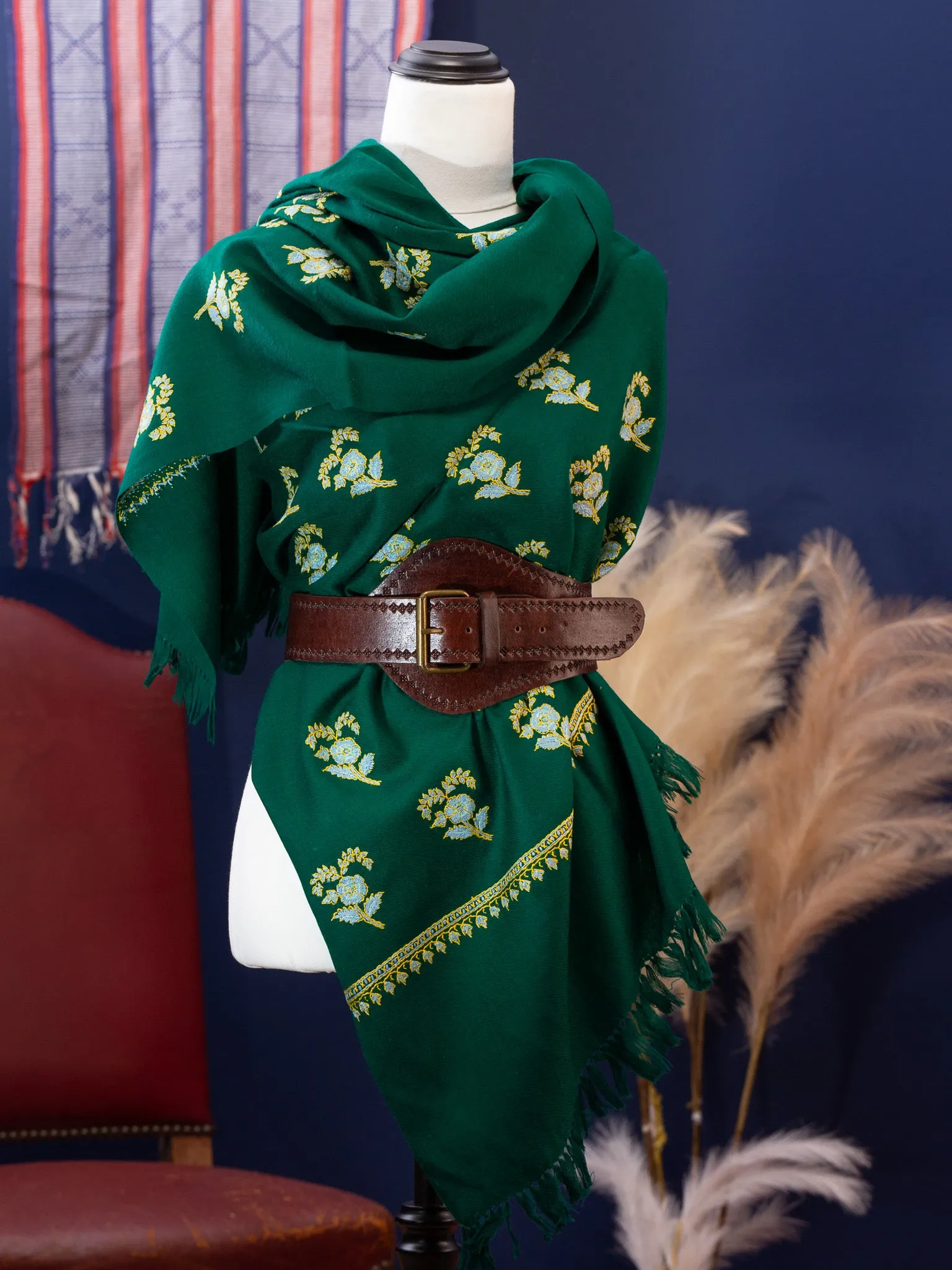 Large Hand Embroidered Vintage Wool Shawl