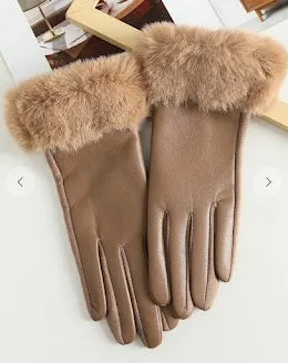 Leather Gloves with Faux Fur Trim