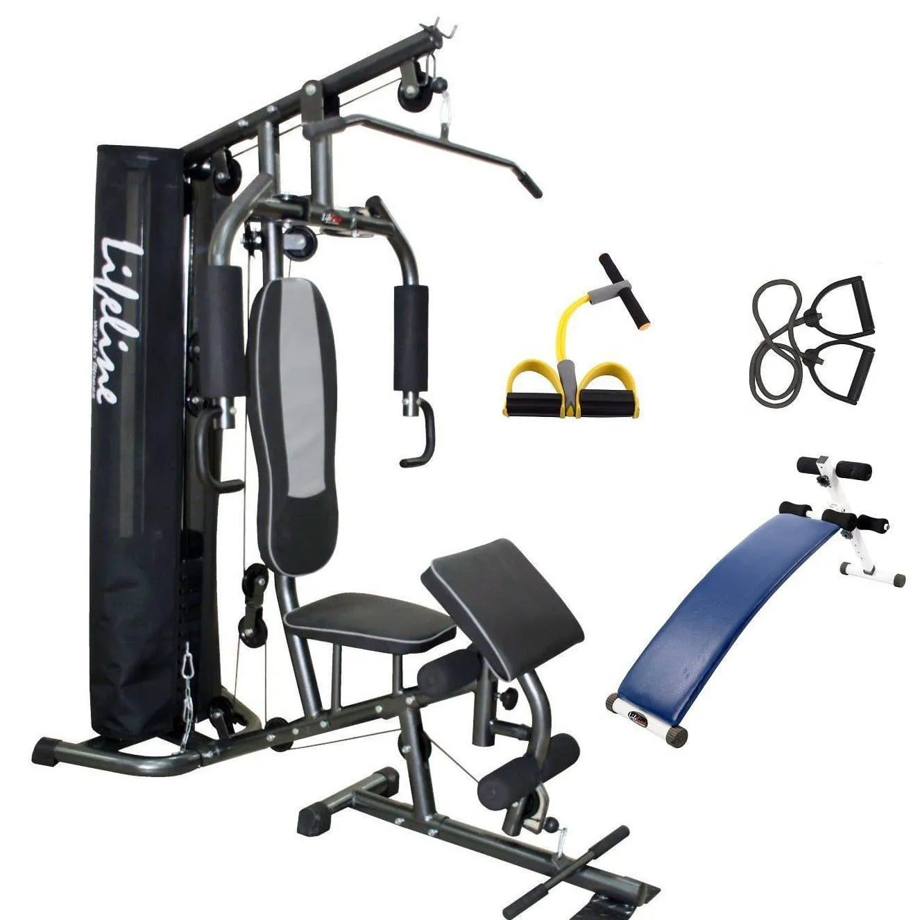 Lifeline Home Gym Set Deluxe 005 For Workout At Home Bundles With Resistance Band, Pull Reducer and Exercise Curve Bench 5501A || Available on EMI