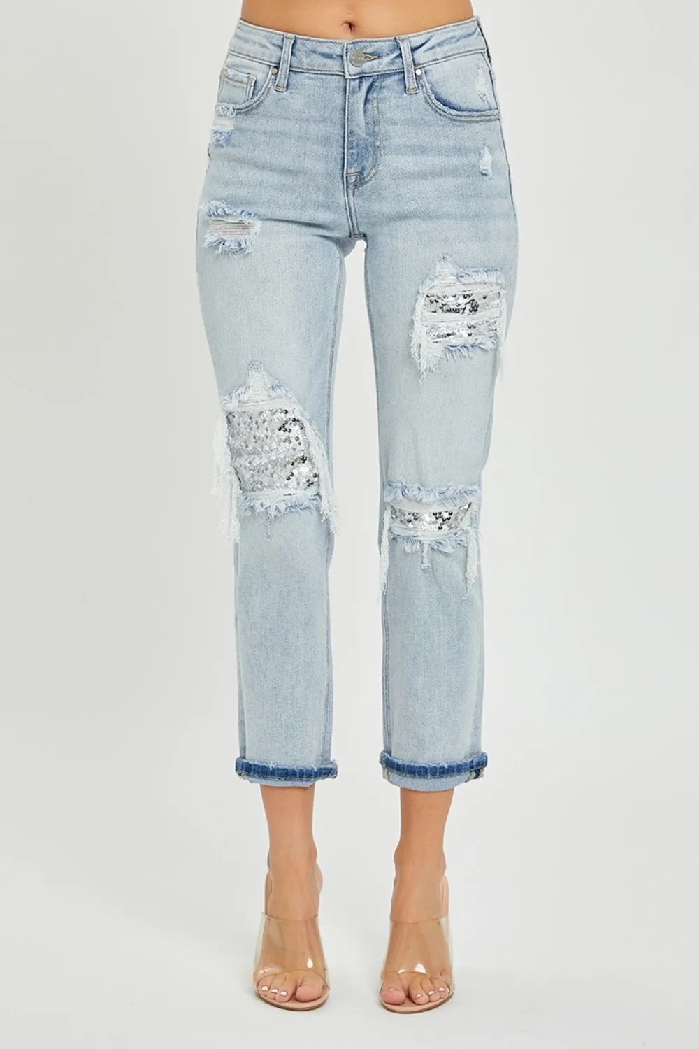 Light Mid-Rise Sequin Patched Jeans