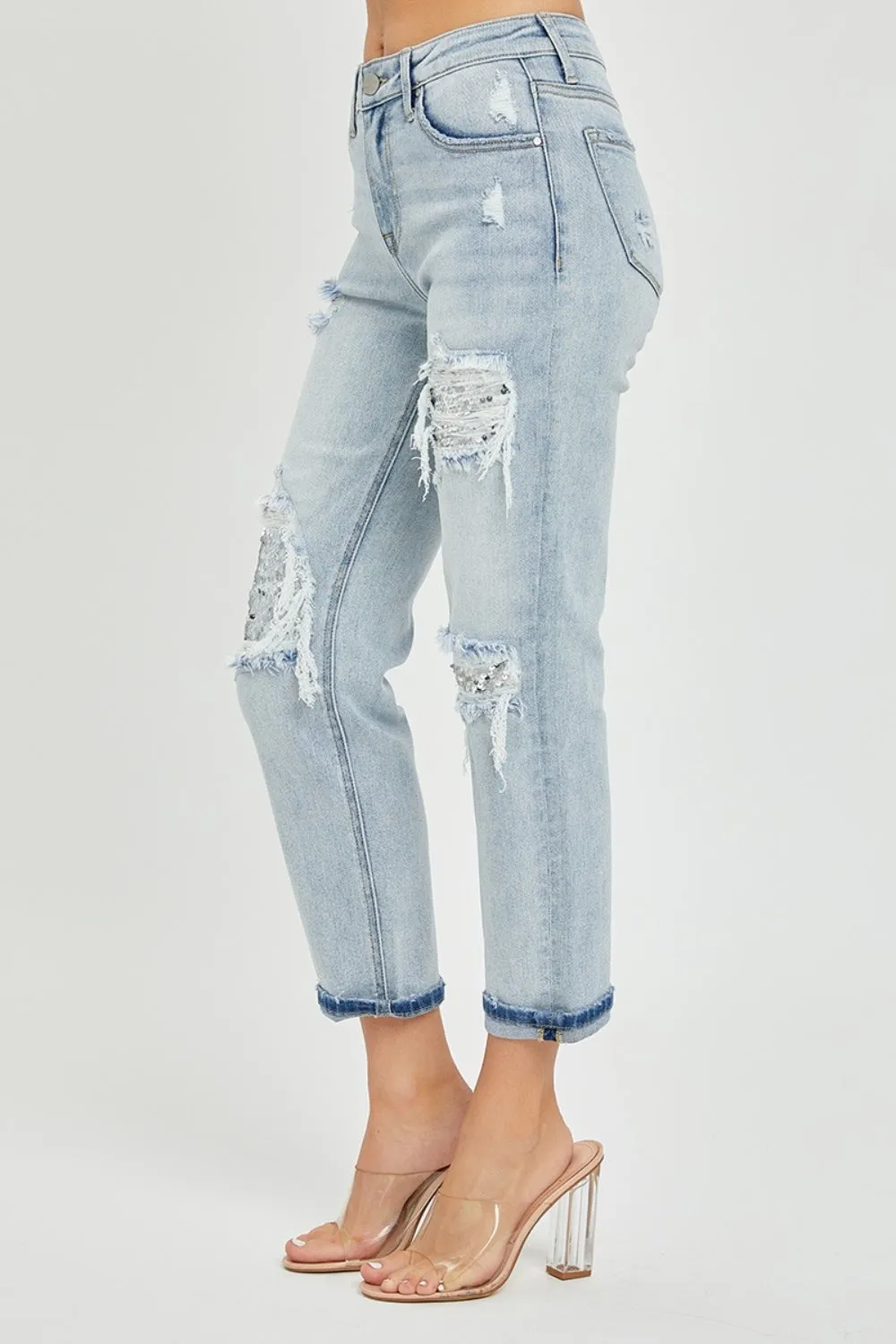 Light Mid-Rise Sequin Patched Jeans