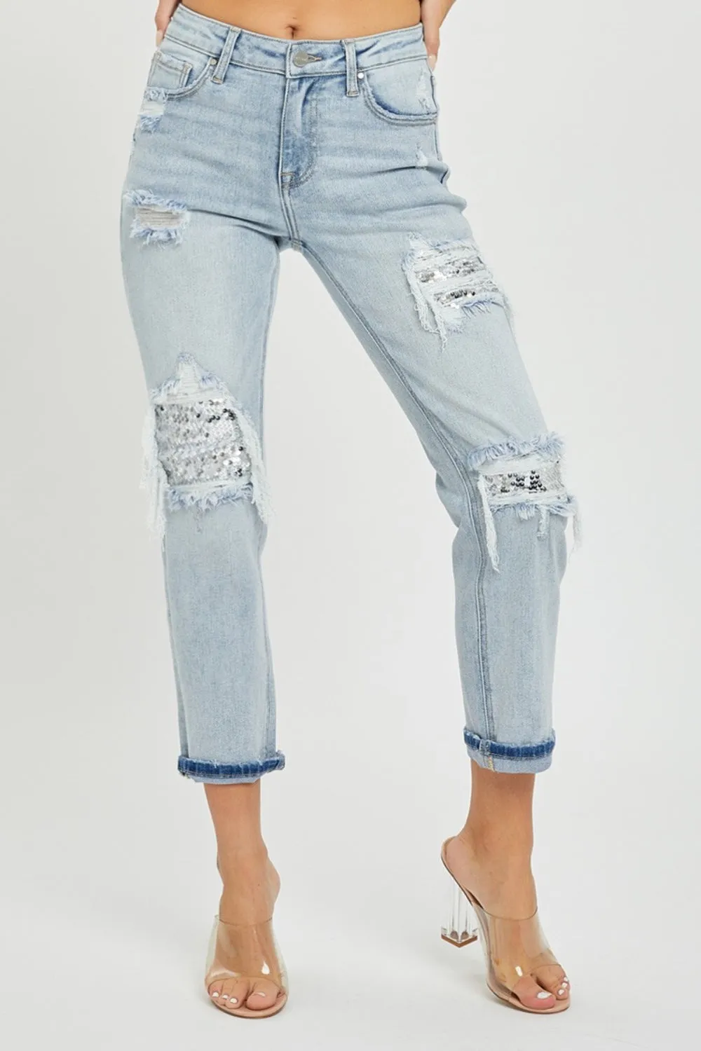 Light Mid-Rise Sequin Patched Jeans