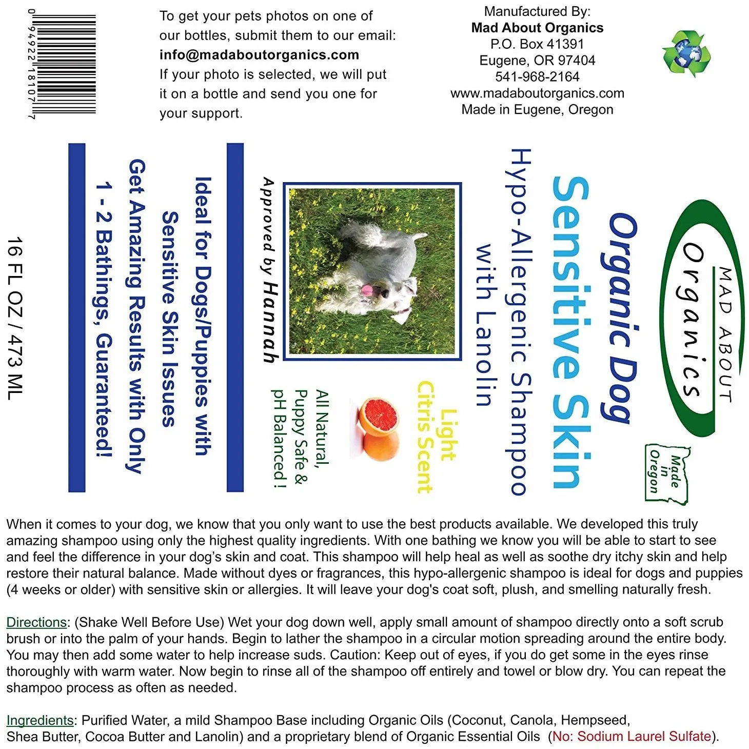 Mad About Organics | Sensitive Skin Shampoo with Lanolin for Dogs