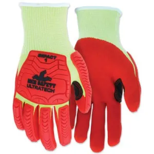 MCR Safety UT1953 UltraTech™ A4/Impact Level 1 Mechanics Knit Glove, Medium, Hi-Viz Lime; Red, UT1953M