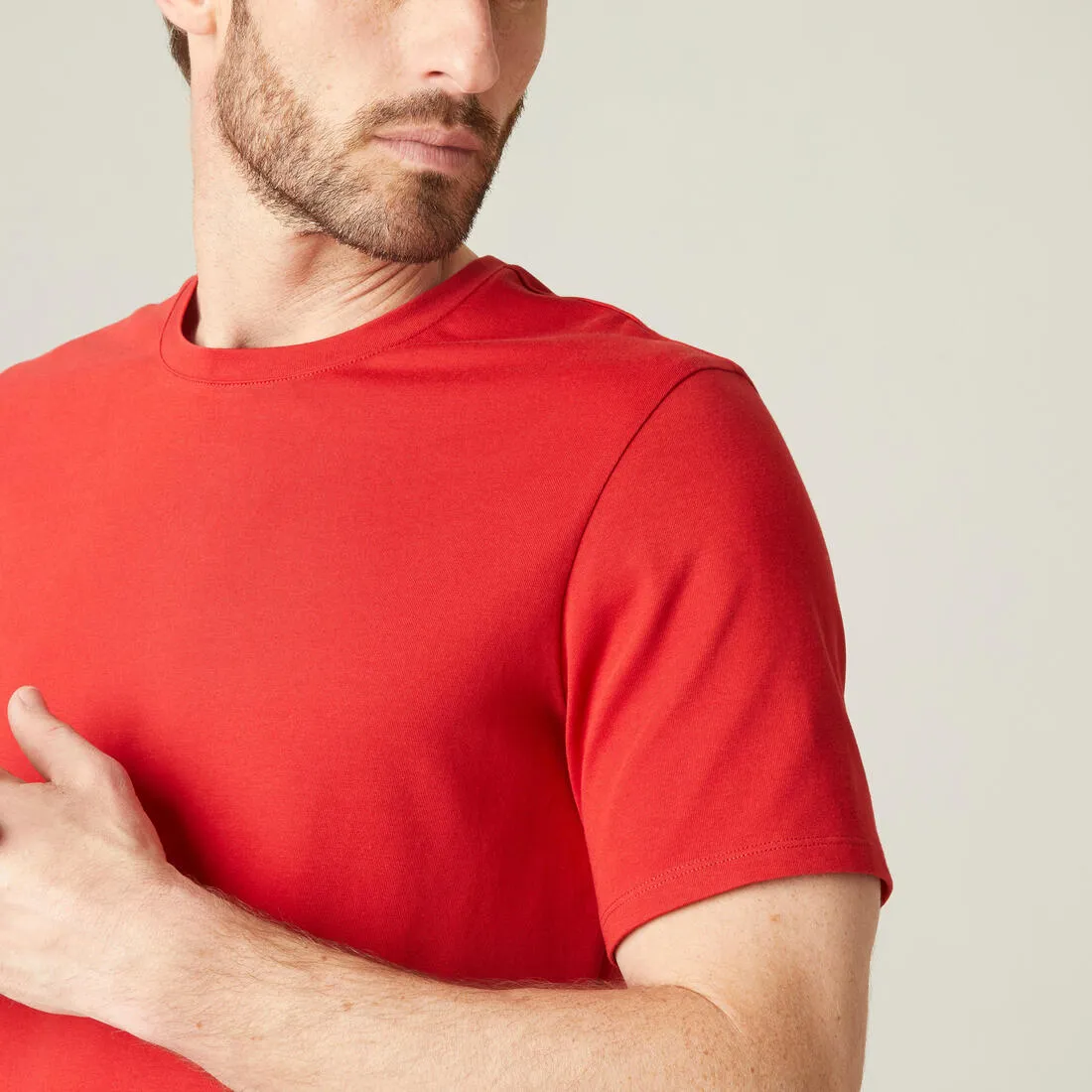 Men's Short-Sleeved Straight-Cut Crew Neck Cotton Fitness T-Shirt 500 Garnet