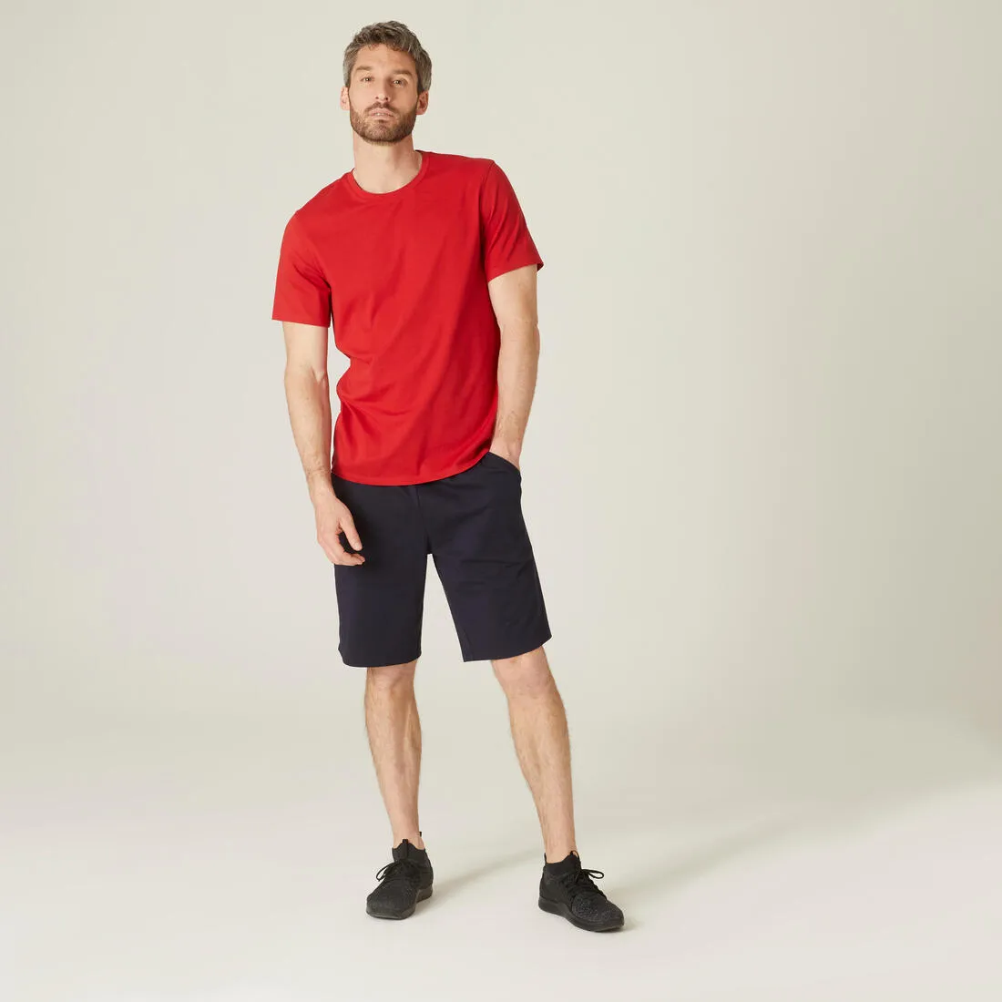 Men's Short-Sleeved Straight-Cut Crew Neck Cotton Fitness T-Shirt 500 Garnet