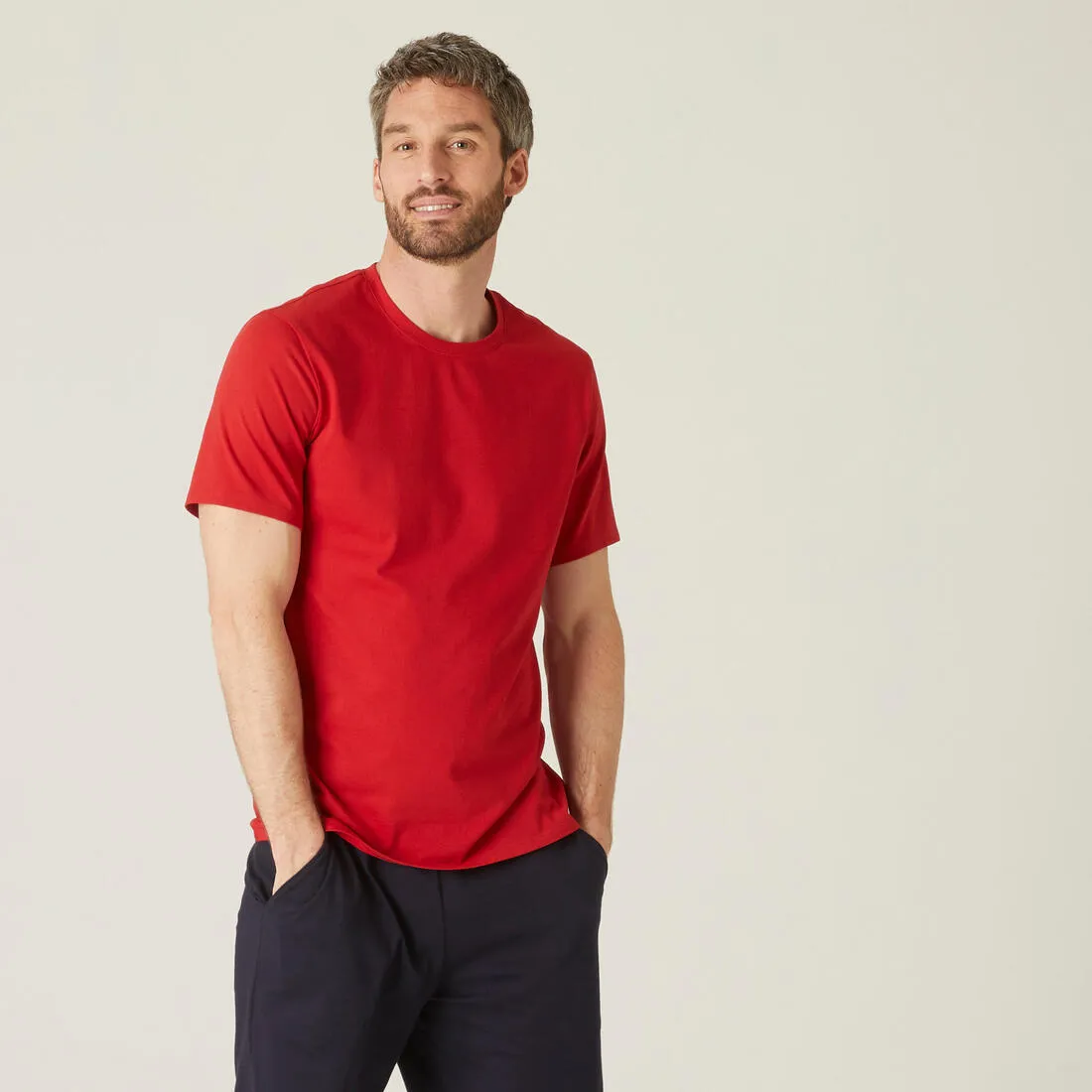 Men's Short-Sleeved Straight-Cut Crew Neck Cotton Fitness T-Shirt 500 Garnet