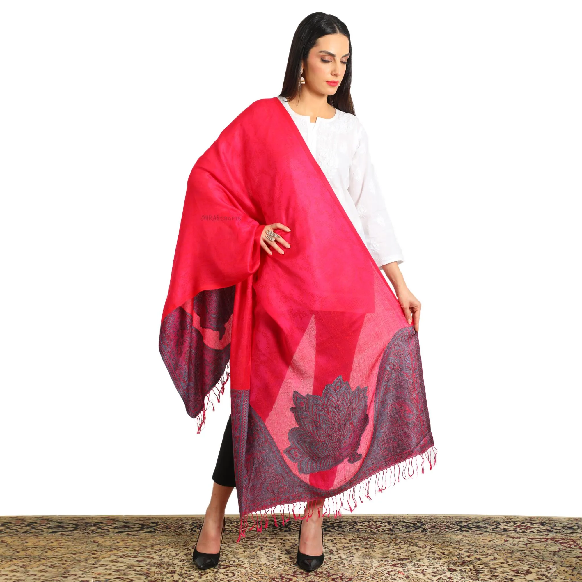 Miras Crafts Aari Embroidery Stole, Fine Wool, Pink