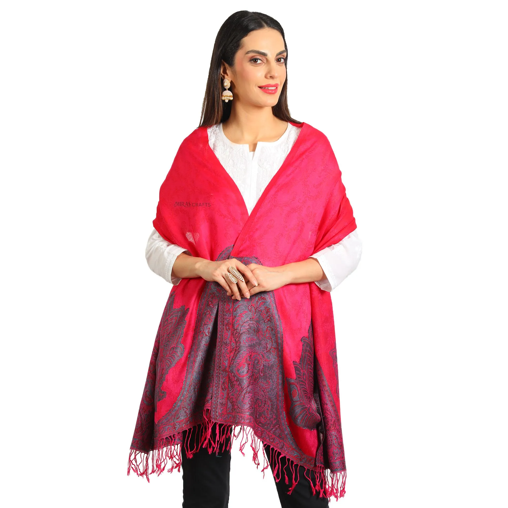 Miras Crafts Aari Embroidery Stole, Fine Wool, Pink