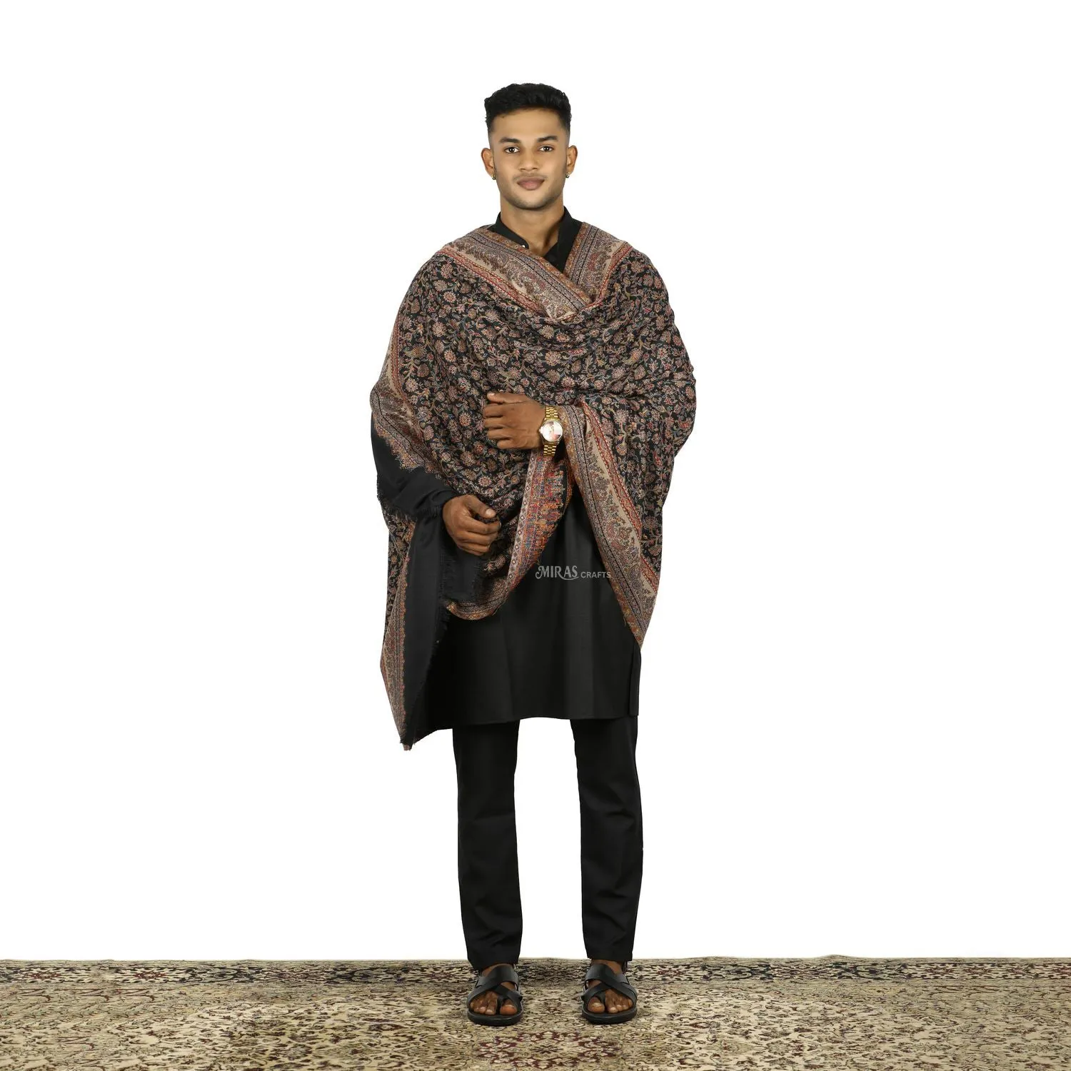 MIRAS CRAFTS Mens Fine Soft Ethnic KANI SHAWL - BLACK