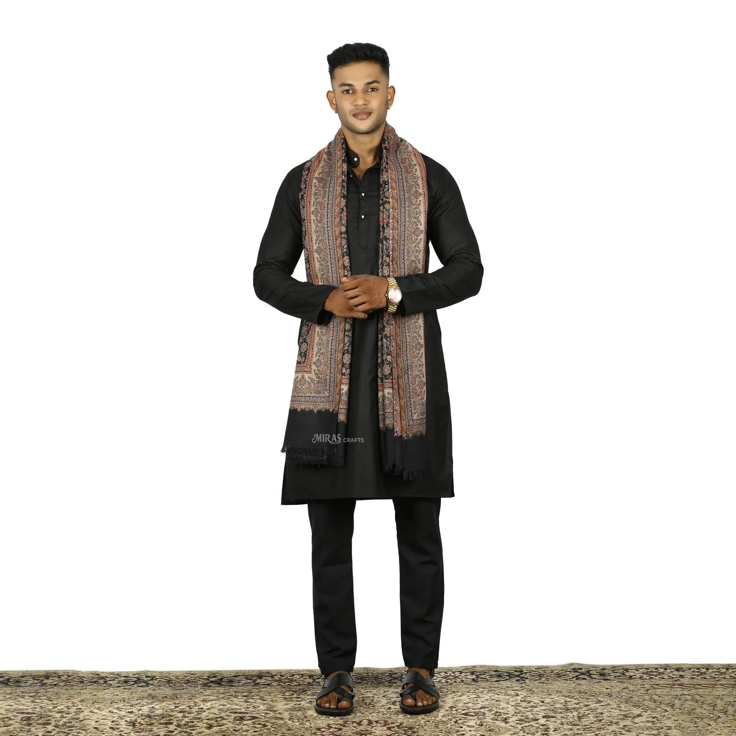 MIRAS CRAFTS Mens Fine Soft Ethnic KANI SHAWL - BLACK