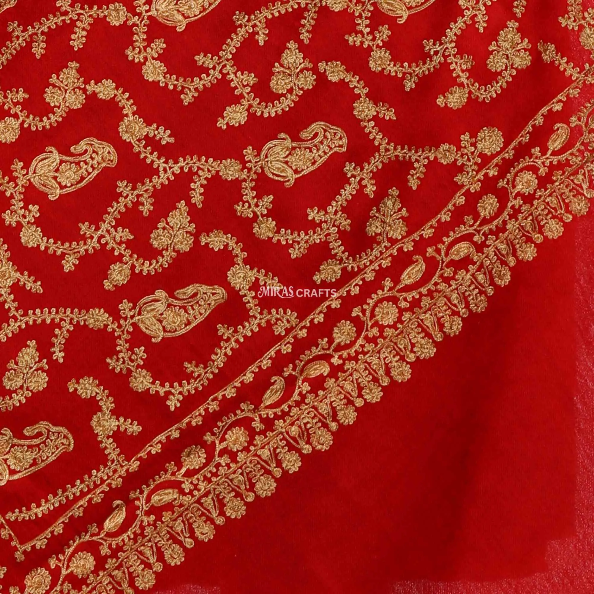 Miras Crafts Women's Fine Ari Kashmiri Hand Embroidery Stole, 100% pure Pashmina, Soft and Warm, -  GOLD WITH RED