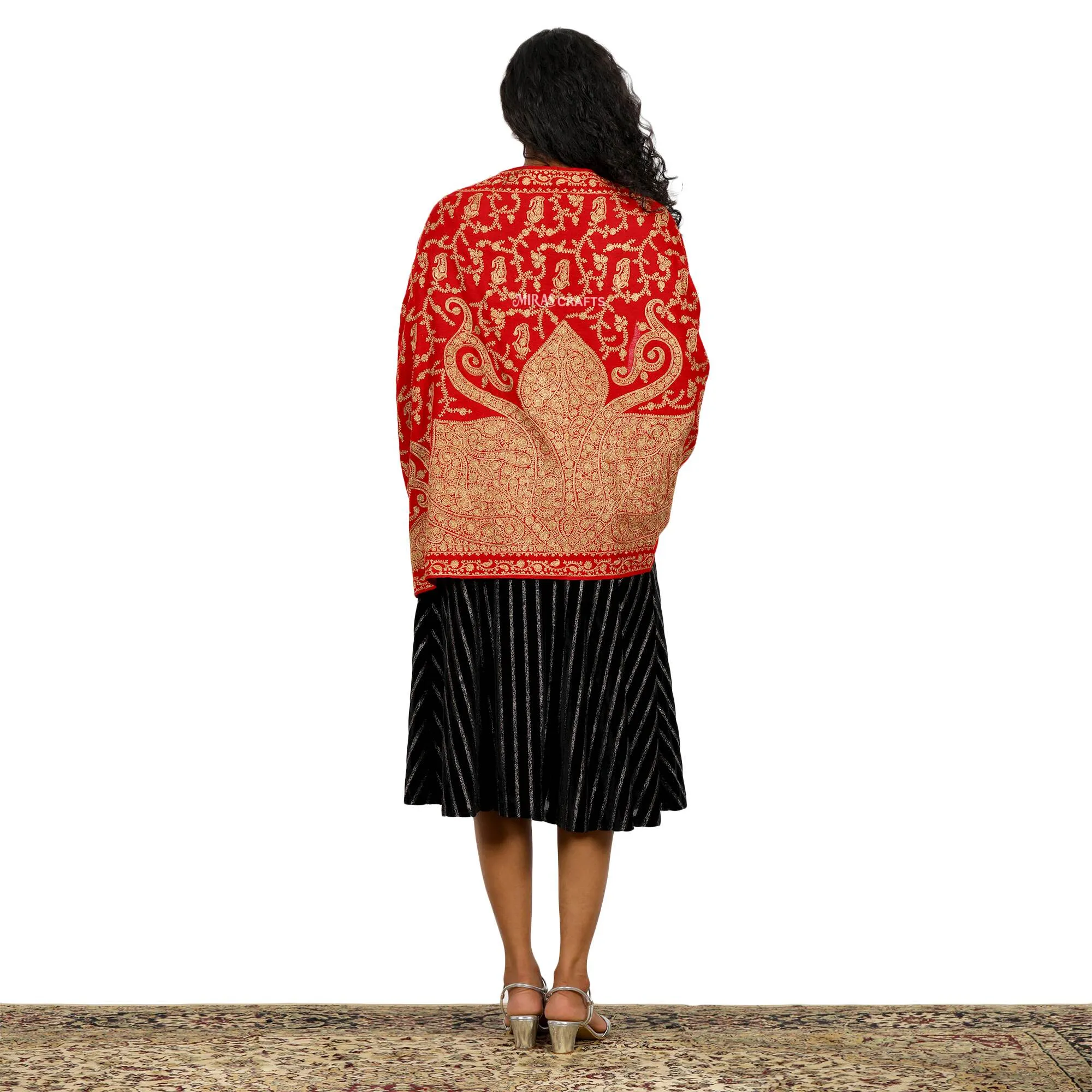 Miras Crafts Women's Fine Ari Kashmiri Hand Embroidery Stole, 100% pure Pashmina, Soft and Warm, -  GOLD WITH RED