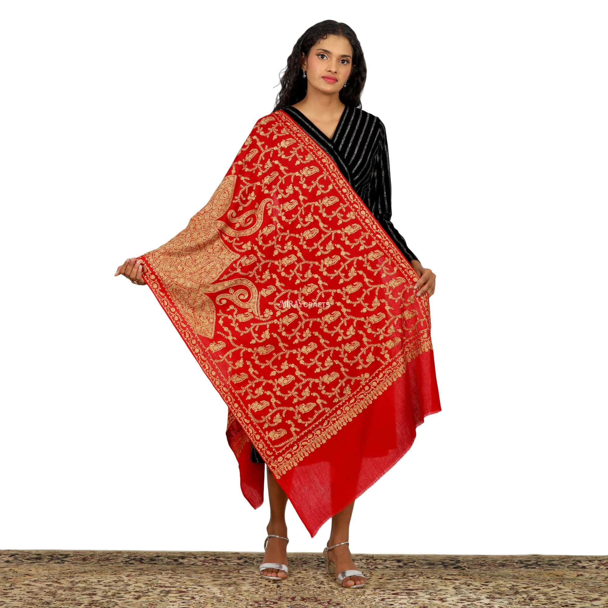Miras Crafts Women's Fine Ari Kashmiri Hand Embroidery Stole, 100% pure Pashmina, Soft and Warm, -  GOLD WITH RED