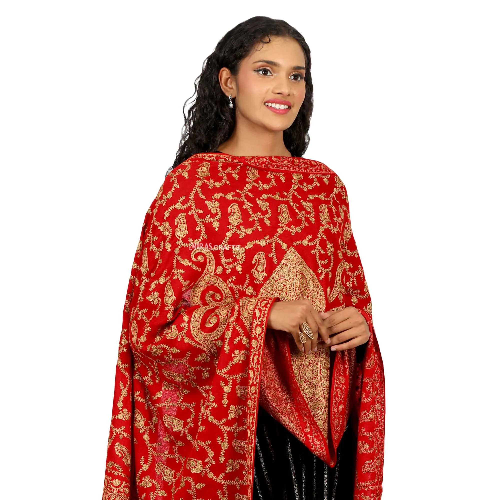 Miras Crafts Women's Fine Ari Kashmiri Hand Embroidery Stole, 100% pure Pashmina, Soft and Warm, -  GOLD WITH RED