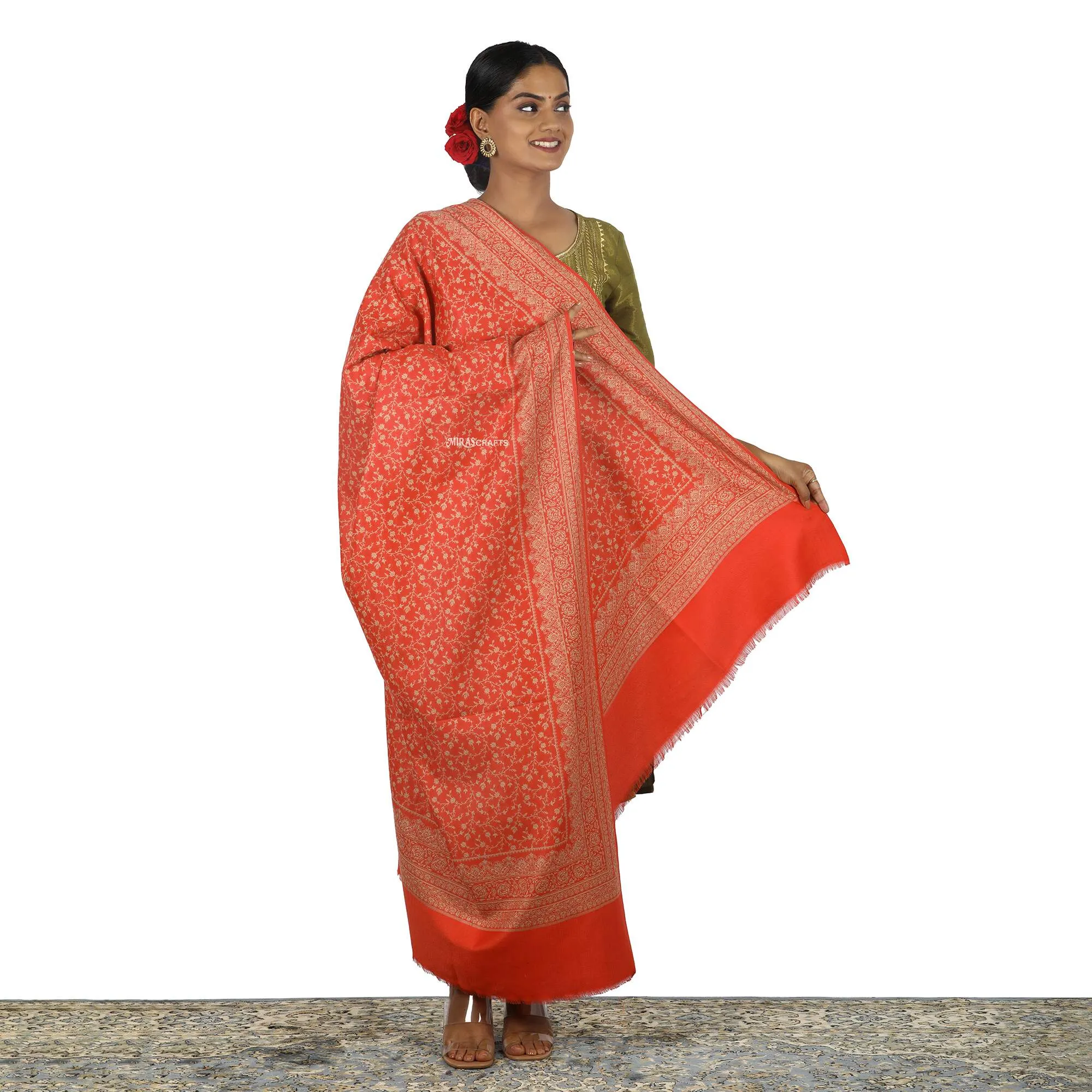 Miras Crafts Women'S Jacquard Ambi Shawl, Warm And Soft, Faux Pashmina, Red