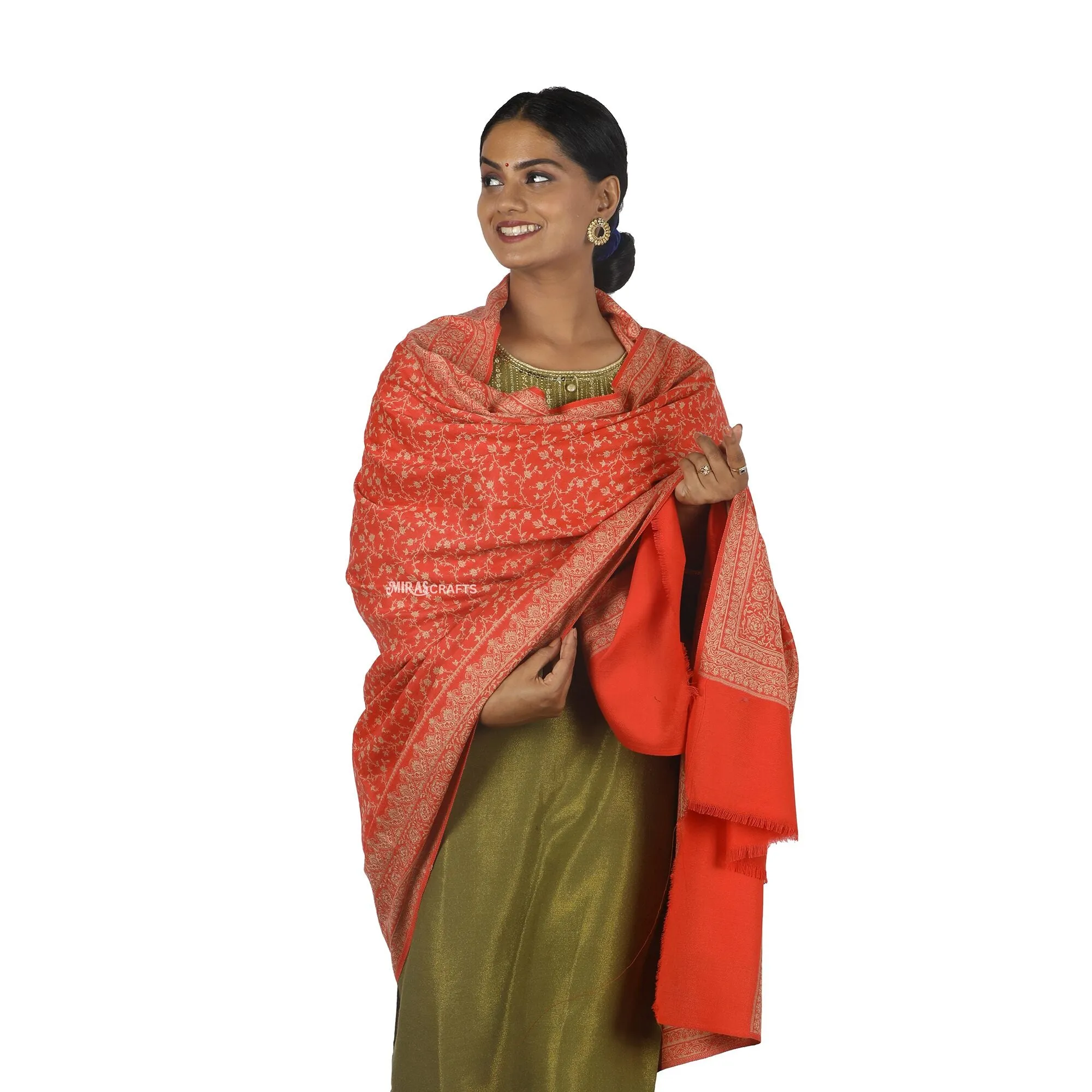 Miras Crafts Women'S Jacquard Ambi Shawl, Warm And Soft, Faux Pashmina, Red