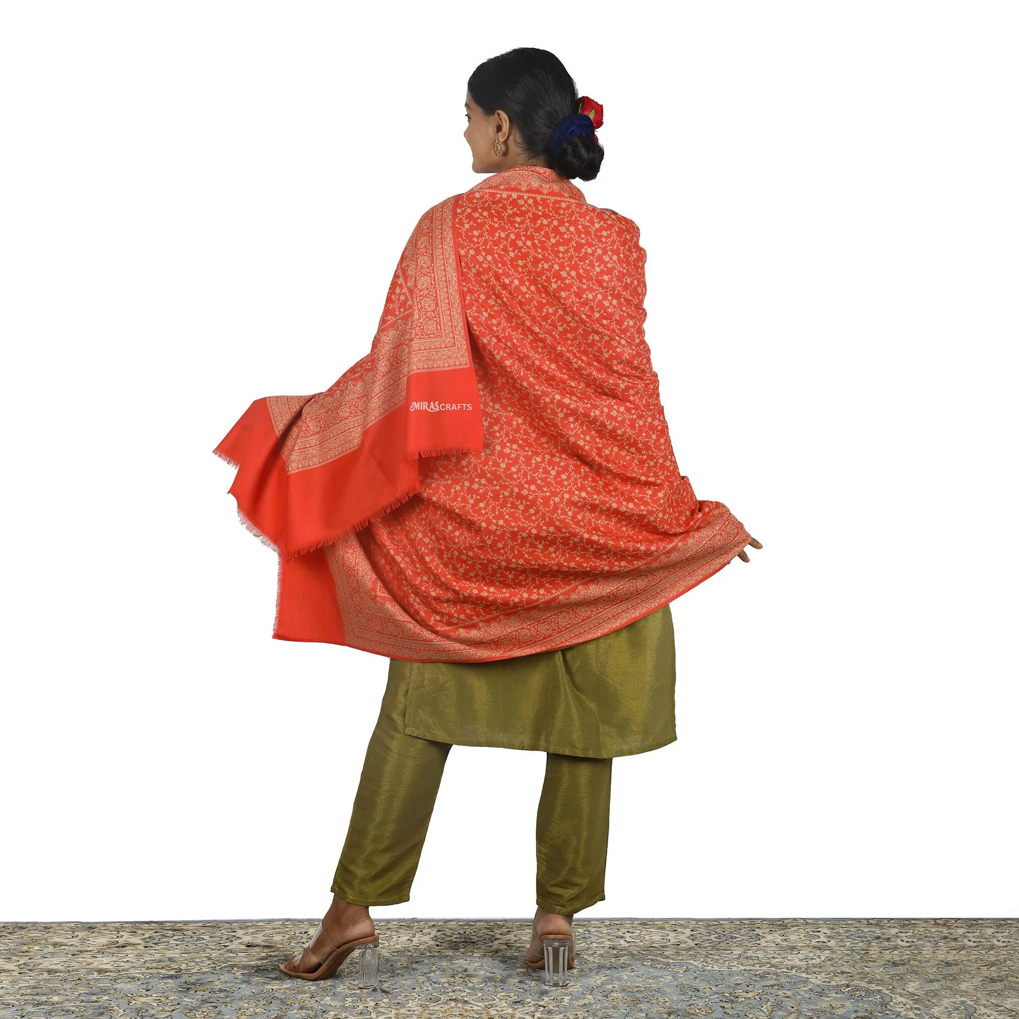 Miras Crafts Women'S Jacquard Ambi Shawl, Warm And Soft, Faux Pashmina, Red