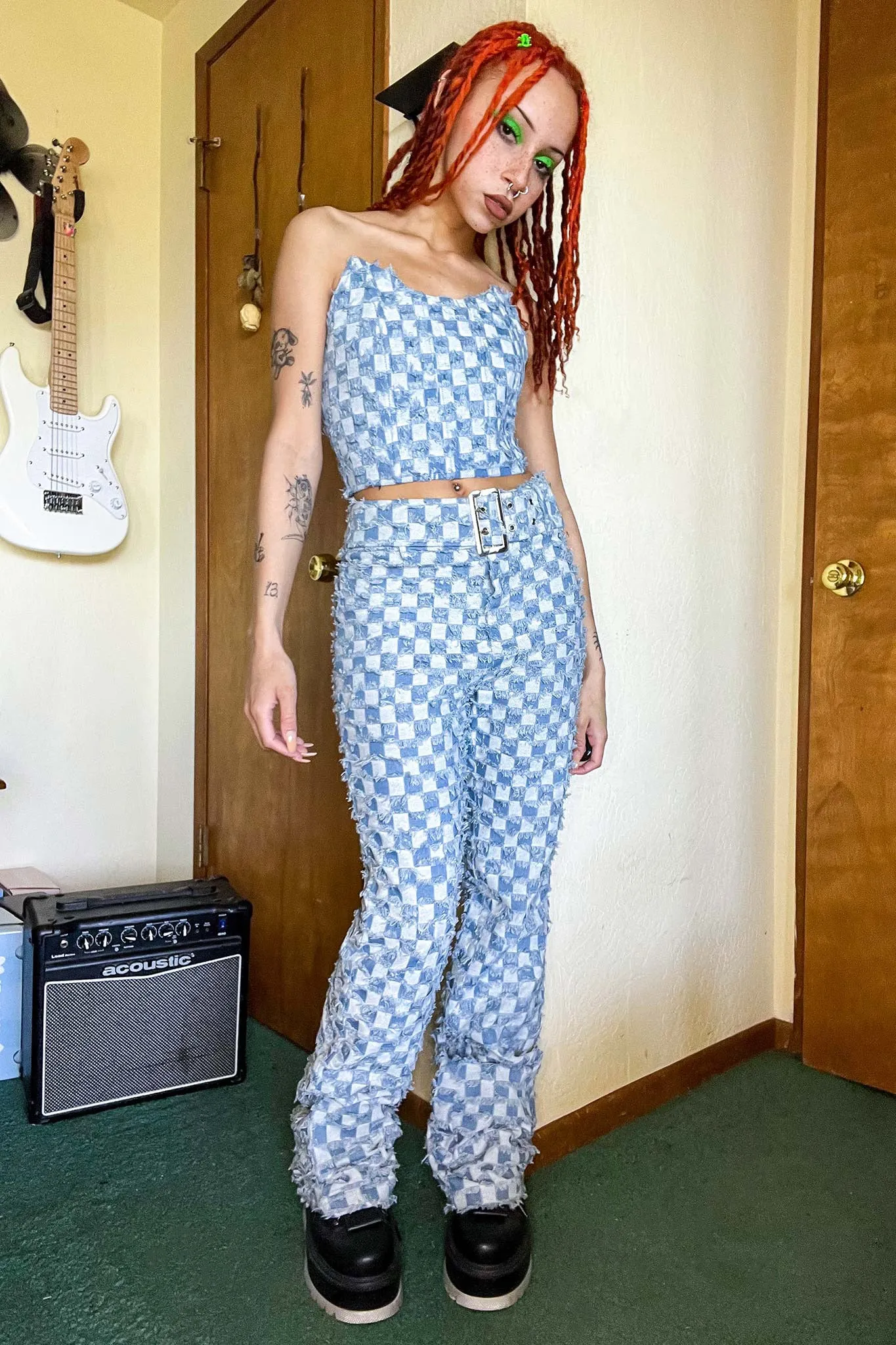 Muse Checkered Belted Flare Jeans