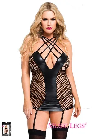 Music Legs Plus Size Strappy Fishnet And Wet Look Garter Mini Dress 20034Q