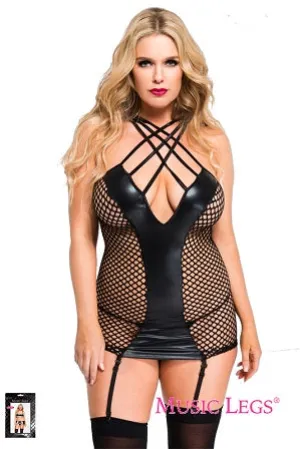 Music Legs Plus Size Strappy Fishnet And Wet Look Garter Mini Dress 20034Q