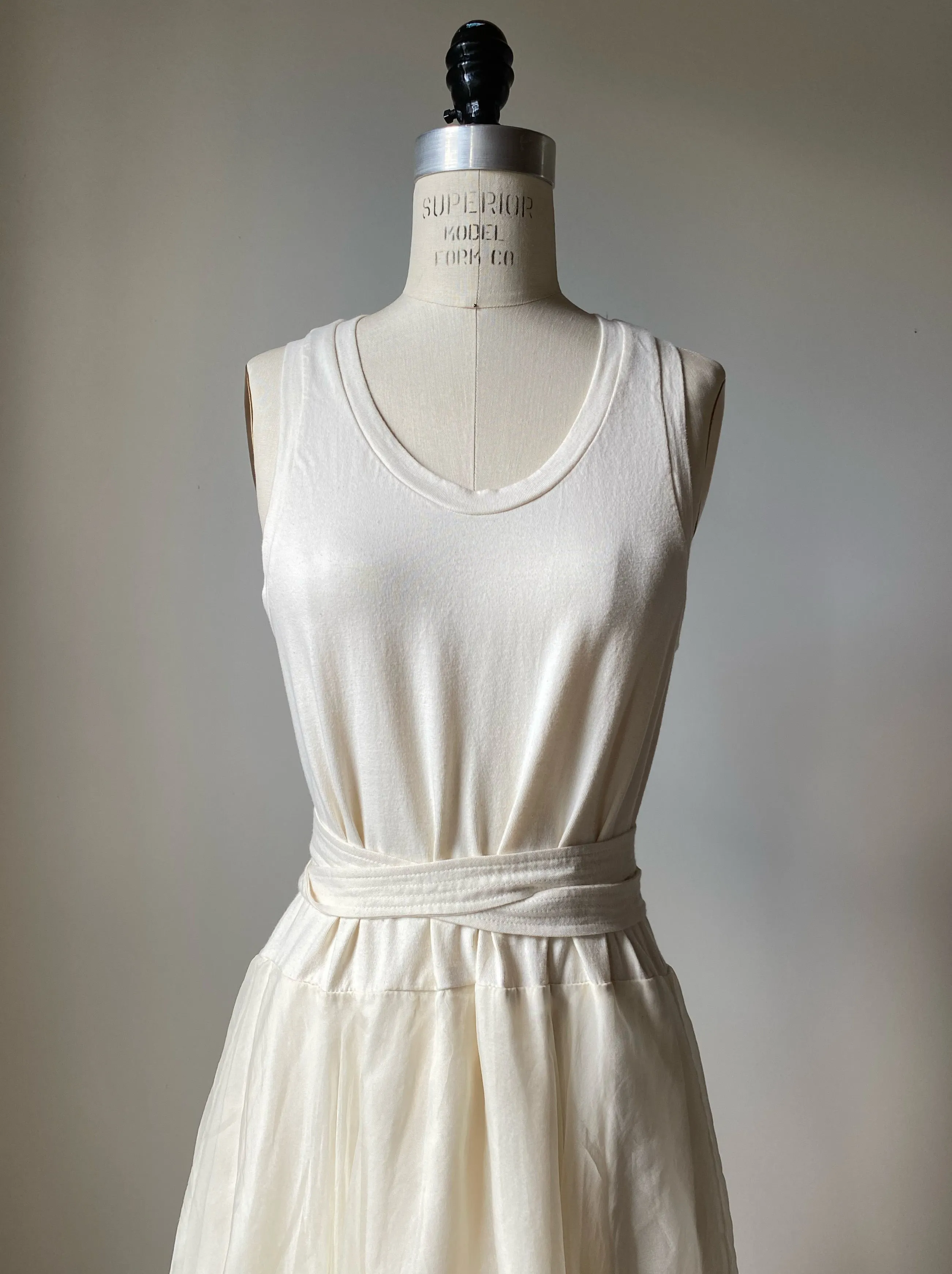 off white tank slip dress with organza pin tucked skirt